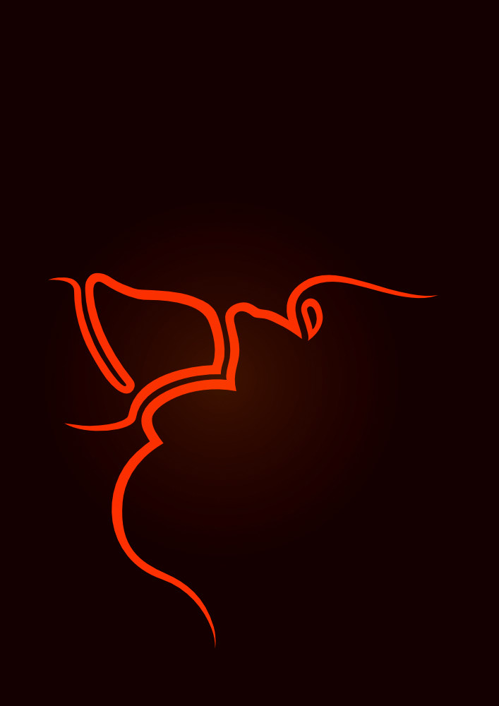 This is an abstract drawing in red lines and dark red background in the art style of sharp lines, curves with some touch of figurative ellements