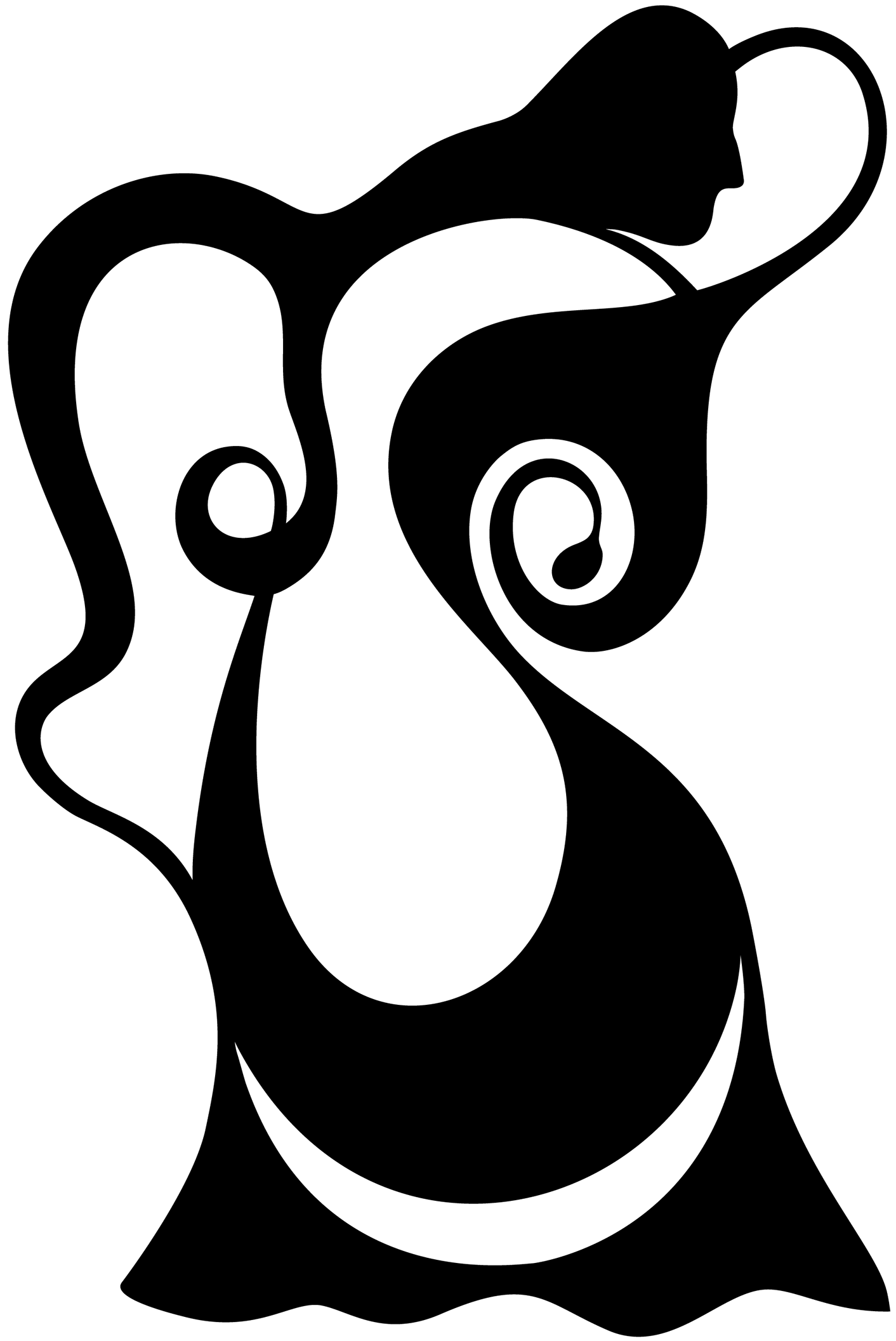 This is an abstract drawing in black in the art style of sharp lines, curves with some touch of figurative ellements