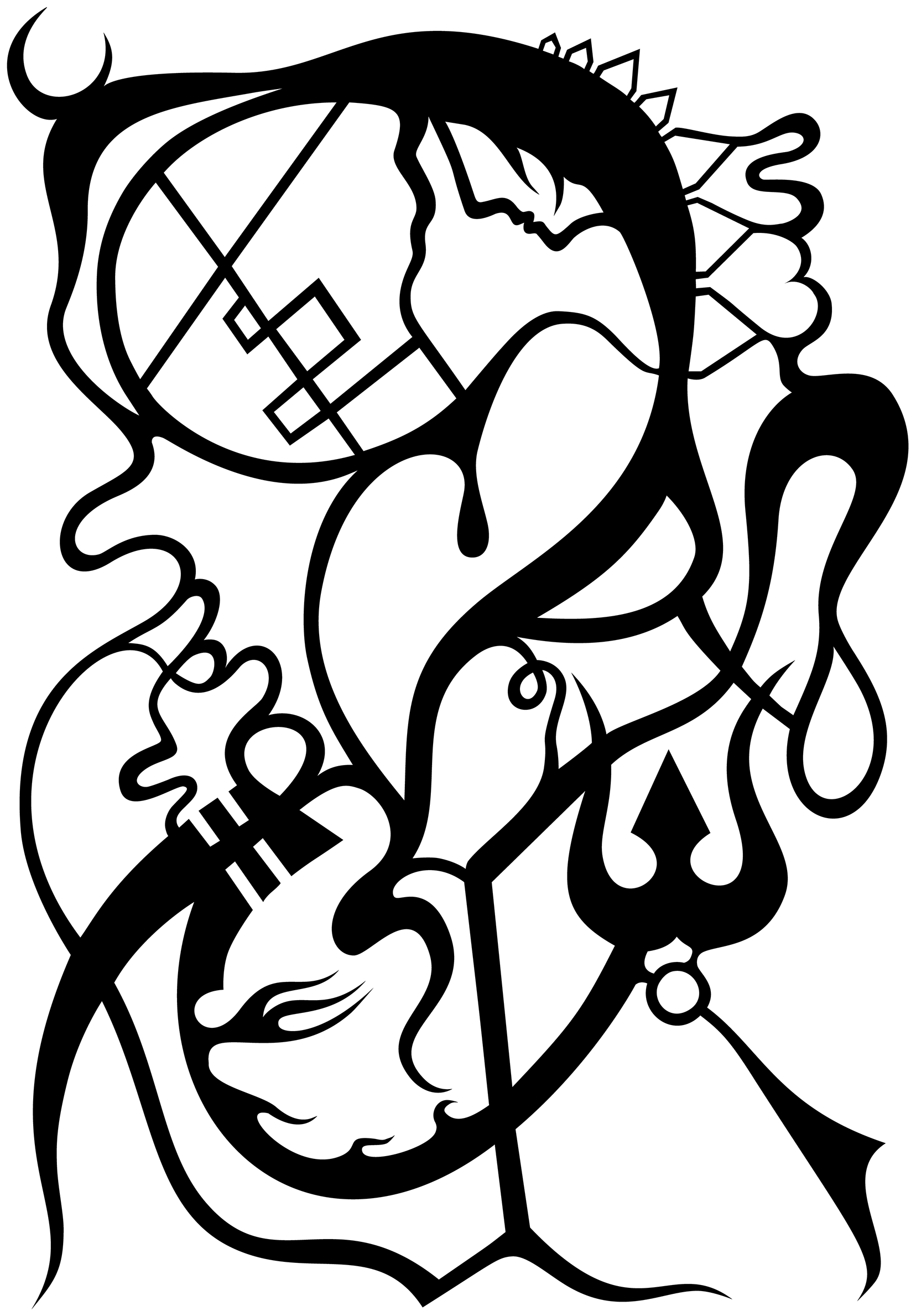 This is an abstract drawing in black in the art style of sharp lines, curves with some touch of figurative ellements