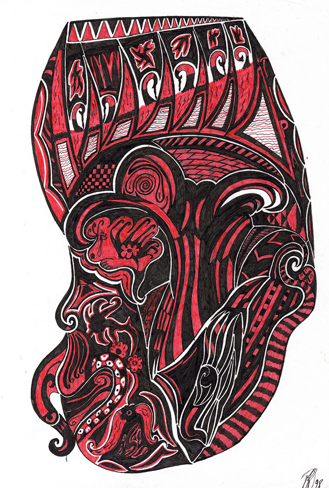 Image of an old drawing in red and black full of lines and curves, abstract style