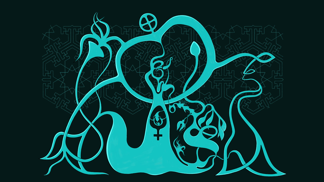 This is an abstract drawing in turquoise color and drak green in the art style of sharp lines, curves with some touch of figurative ellements