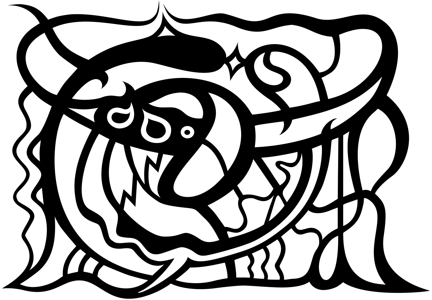 This is an abstract drawing in black in the art style of sharp lines, curves with some touch of figurative ellements