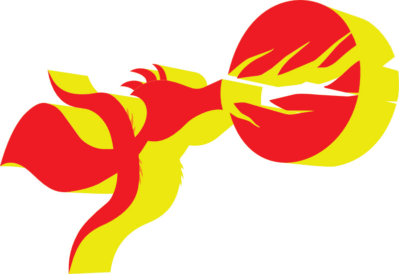 This is an abstract drawing in red and bright yellow in the art style of sharp lines, curves with some touch of figurative ellements, it resembles a dragon in 3D elements