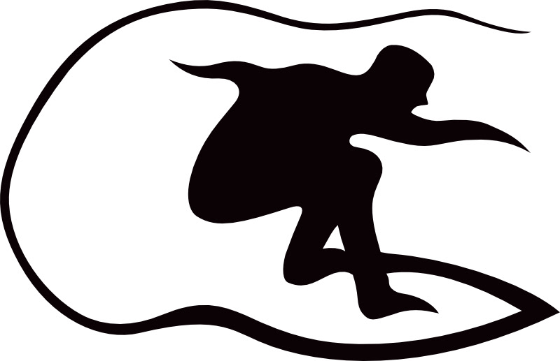 This is an abstract drawing in black in the art style of sharp lines, curves with some touch of figurative ellements. It looks like a man surfing a wave in a style like if it was a tribal tattoo