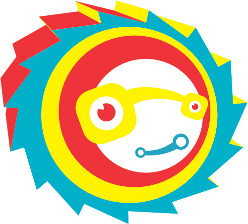 This is an abstract drawing in bright colors in the art style of sharp lines, curves with some touch of figurative ellements, it resembles a sun and looks like 3D style