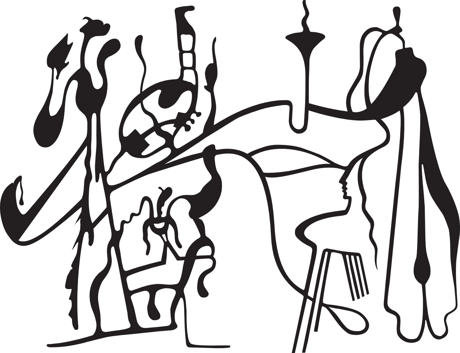 This is an abstract drawing in black and white in the art style of sharp lines, curves with some touch of figurative ellements