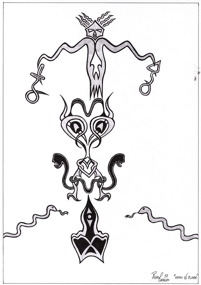 Image of an old drawing in a tattoo like style in black and white